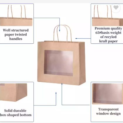 Custom Waterproof Handled Kraft Brown Flower Gift Bag With Plastic Window For Valentine mother' / 3