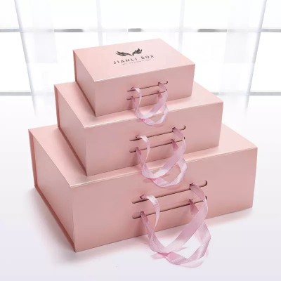 factory custom luxury pink favor ribbon box gift foldable gift box package with ribbon closure handl