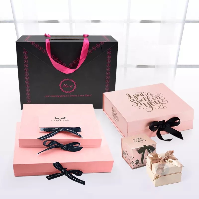 factory custom luxury pink favor ribbon box gift foldable gift box package with ribbon closure handl / 3