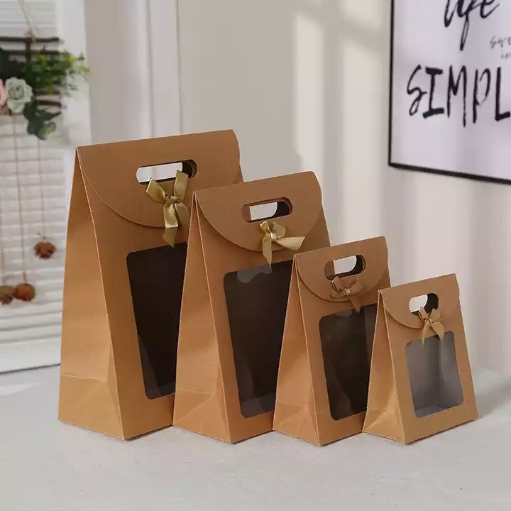 Custom Printed Logo Disposable Recycled Kraft Paper Gift Bag Fancy Paper Bag With Clear Window / 2