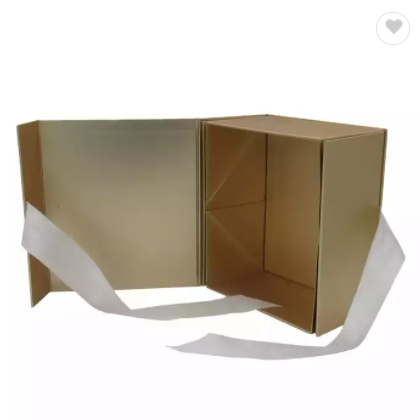 custom rigid cardboard knock down flat pack magnetic paper hard collapsible golden gift box / 3