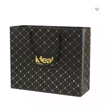 Custom Luxury Print Brand Logo Ribbon Bow Handles Foiled Gold Black Paper Bags / 3