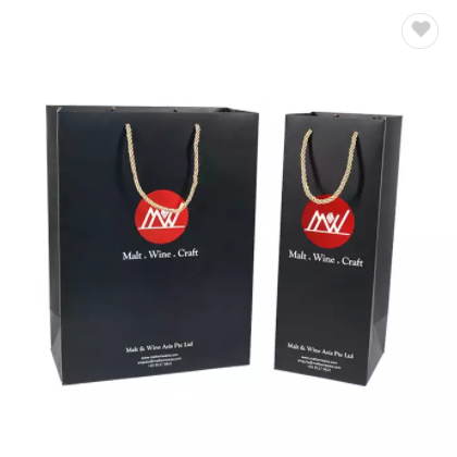 Custom Single Bottle Packaging Black Paper Wine Gift Bag With Logo Printed / 3