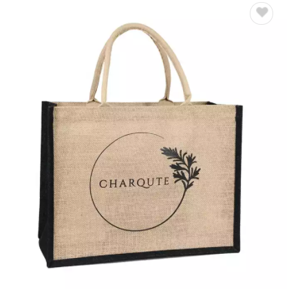 Custom Silk Screen Printing Black Jute Tote Bag With White Logo Printed / 3