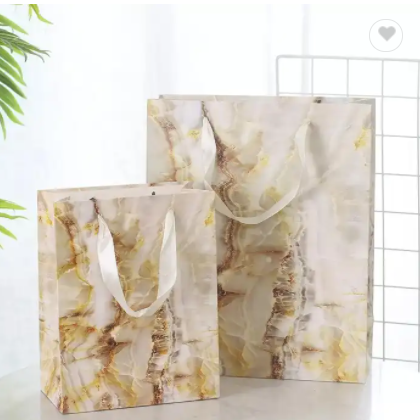 Custom eco marble gift paper bags with handles ribbon clothing paper shopping bags for clothes / 3