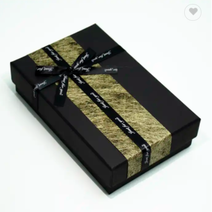 Custom printing rigid cardboard packaging paper Box black gift box with golden lettering ribbon for  / 2