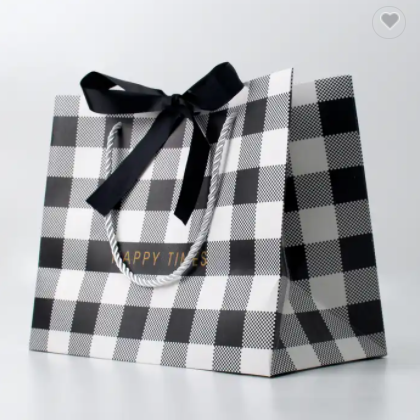 Luxury black and white grid cosmetic gift bag with bow ribbon twisted rope handle for valentine' / 3