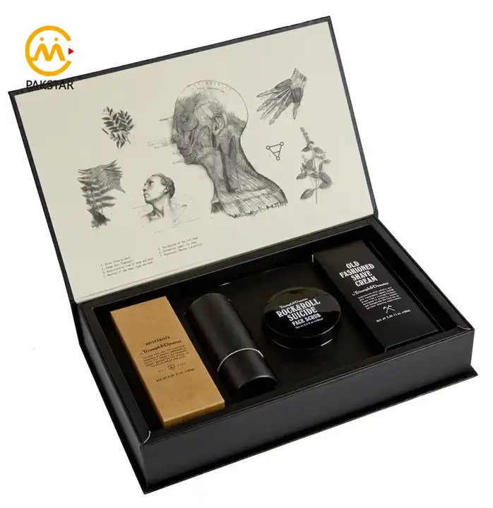 High end custom printed black cardboard paper cosmetic gift set packaging box with foam insert / 1