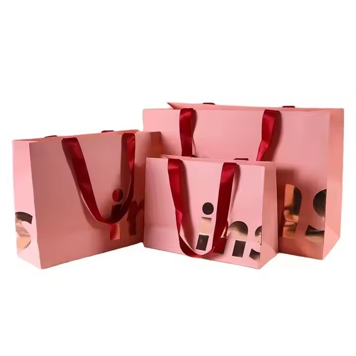 Customize Logo Cloth Boutique Cardboard Packaging Matte Cheap Pink Gift Paper Bag with Your Own Logo / 3