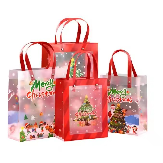 Christmas Party Favors Clear Gift Bags With Handle Reusable Plastic Small Gift Wrap Tote Candy Bags / 3